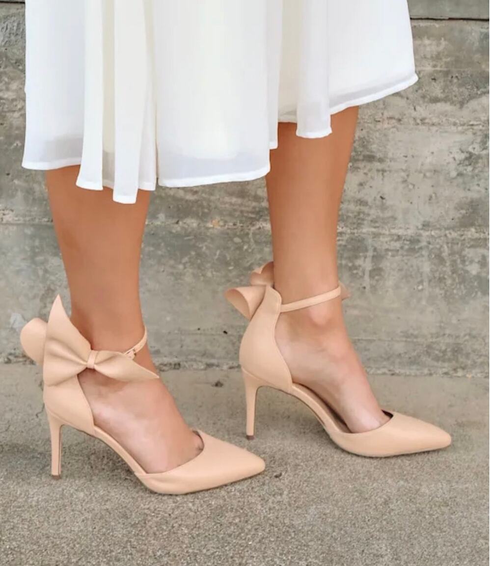 Lulu's New in Box Lizaa Nude Beige Pumps Bow Ankle Strap Size 7.5 3.75 Stiletto